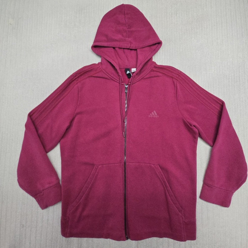 Adidas Hoodie Mens Large Pink Full Zip Fleece 3 Stripe Logo Sweatshirt Casual